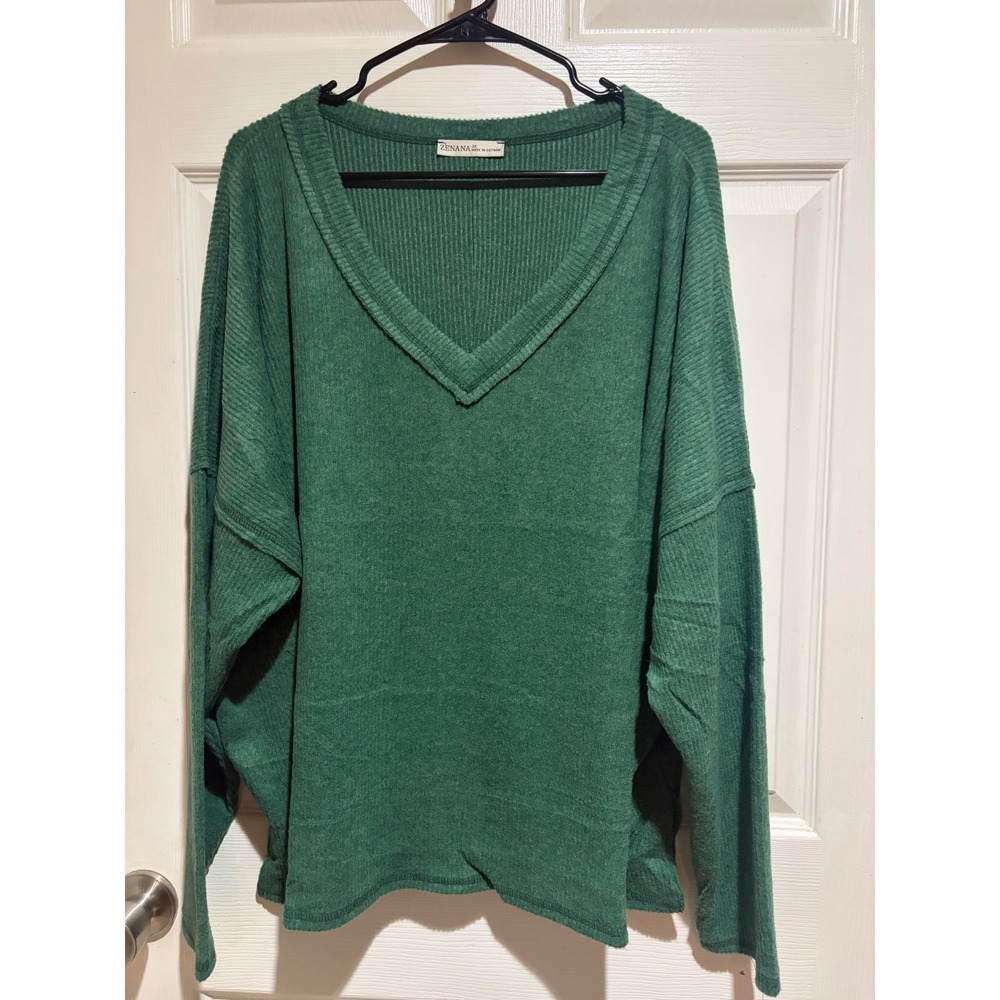 Zenana Outfitters Ribbed Melange Long Sleeve V-Neck Top 1x in Green